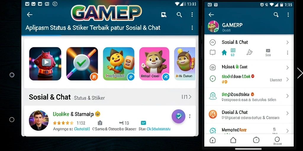 Tampilan antarmuka GAMERP dengan stiker yang menarik dan status interaktif.
